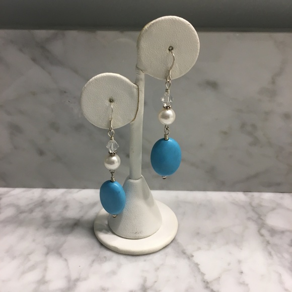 Hand Crafted Jewelry - Turquoise, Pearl and Swarovski Crystal Earrings